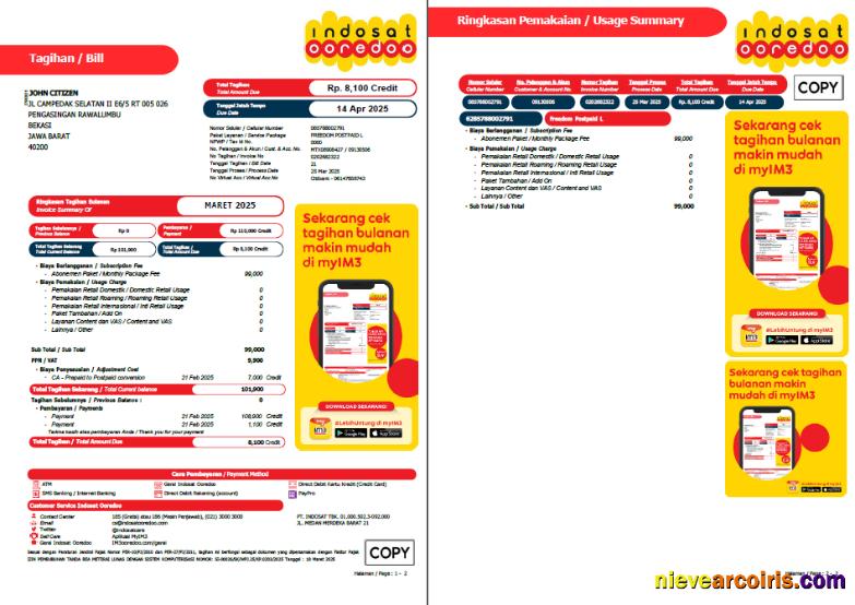 Indonesia Indosat Ooredoo utility bill, 2 pages